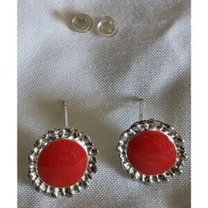 Vintage .5 Inch X .5 Inch Red Silver Tone Pierced Earrings See Description